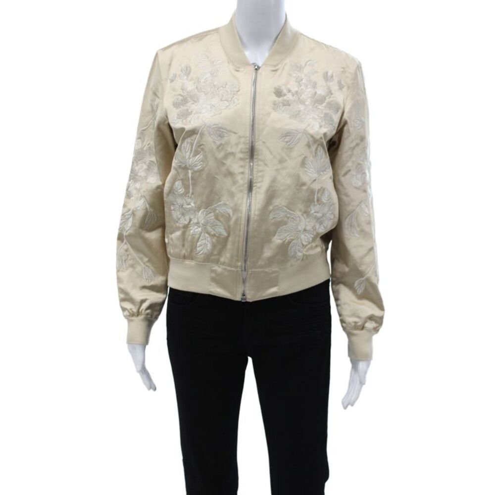 3x1 NYC Womens Bomber Jacket Beige Floral Zip 70% Cotton Size M